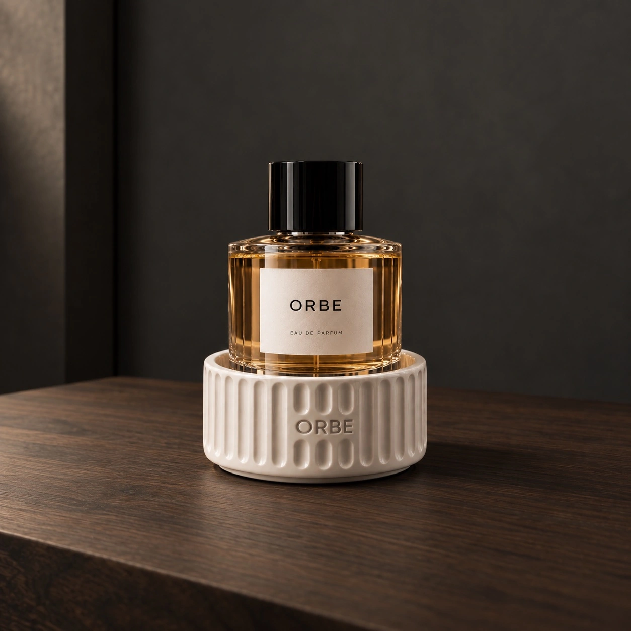 ORBE perfume on a custom ceramic display object
